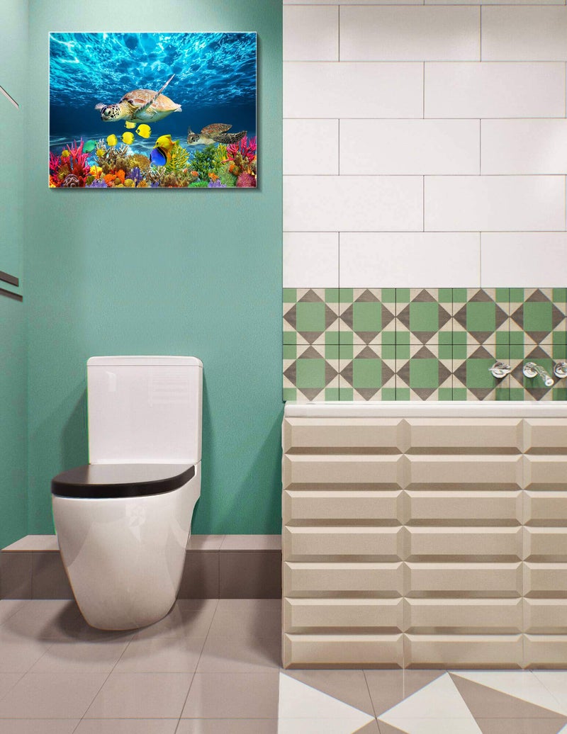 CGXART Bathroom Canvas Wall Art Kitchen Wall Decoration Modern Sea Turtle Wall Decor for Dining Room Colorful Fish Coral Beach Theme Pictures 12x16 Inch - Image 4